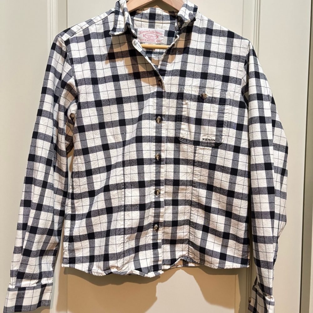 Filson Alaskan Guide Shirt Womens Medium White Black Plaid Flannel Button Up